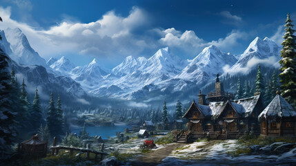 Fototapeta na wymiar An ancient fantastic village overlooking the mountains. Winter time. Generative AI