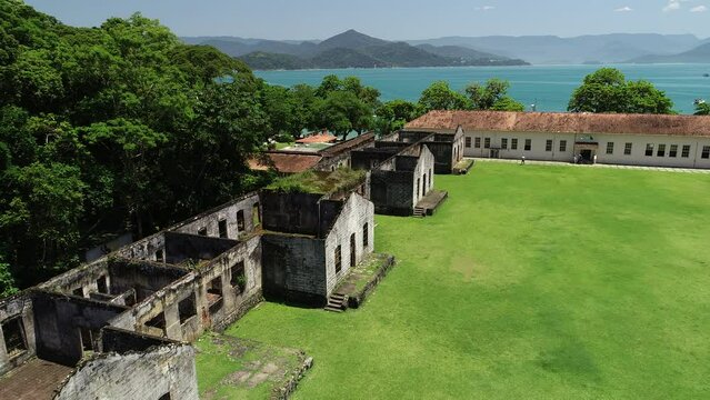 Aerial view of the ruins of the Anchieta Island Prison, which operated between 1934 and 1955, Anchieta Island - Ubatuba, S&atilde;o Paulo, Brazil