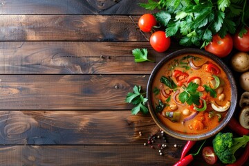 Thai tom yum soup with shrimp. wooden background, table. chili tomatoes. flatley. view from above