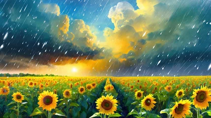 Foto op Canvas 雨の降るひまわり畑のイラスト © Ta.Ma