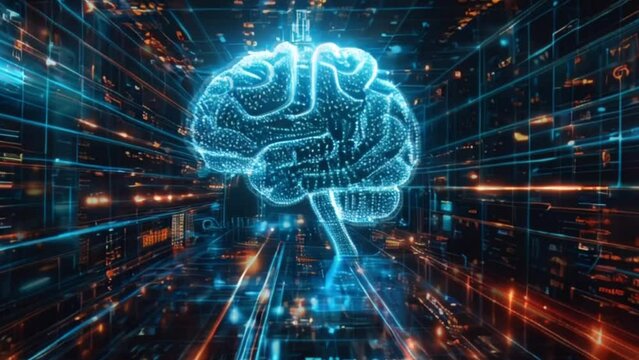 Glowing brain hologram in futuristic data center symbolizing AI. AI brain interface in virtual environment. Machine learning