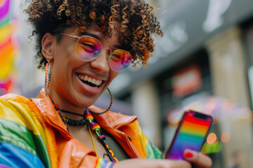 LGBT person using the phone during pride parade, lesbian african-american woman smiling in the streets with the gay flag using her phone with a rainbow case