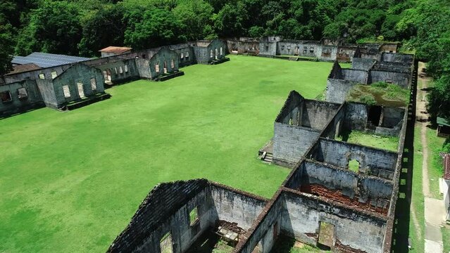 Aerial view of the ruins of the Anchieta Island Prison, which operated between 1934 and 1955, Anchieta Island - Ubatuba, S&atilde;o Paulo, Brazil