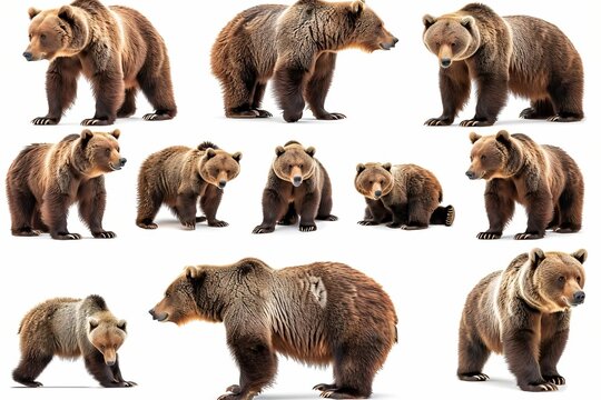 Panoramic banner of brown bears in various poses isolated on white, wildlife photography
