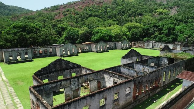 Aerial view of the ruins of the Anchieta Island Prison, which operated between 1934 and 1955, Anchieta Island - Ubatuba, S&atilde;o Paulo, Brazil