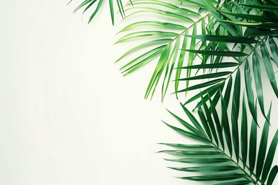 Palm tree leaves isolated on white background, tropical beach mockup overlay, summer frame