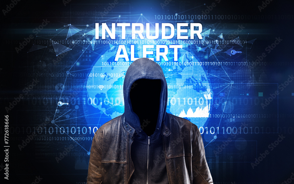 Poster Faceless hacker at work, security concept