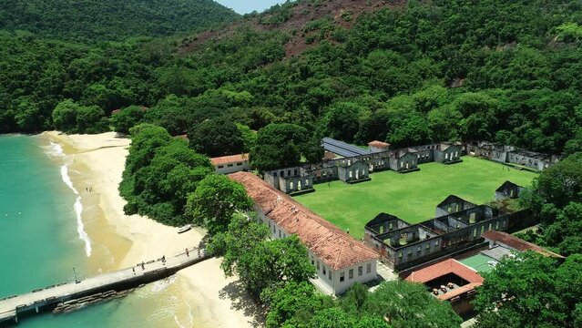 Aerial view of the ruins of the Anchieta Island Prison, which operated between 1934 and 1955, Anchieta Island - Ubatuba, S&atilde;o Paulo, Brazil