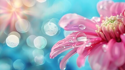 Beautiful drop of water morning dew on petal of pink chrysanthemum flower with summer spring reflection close-up macro in nature, rays of sunlight against turquoise sky, copy space, panoramic view. 