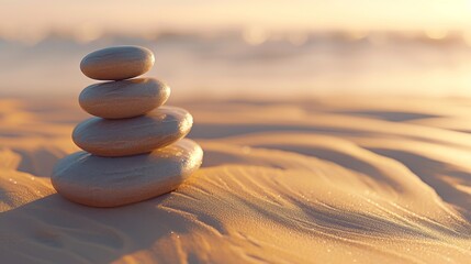Obraz na płótnie Canvas Harmony in Nature: Sunset Meditation Among Balanced Rocks on a Serene Beach, Embraced by Peaceful Sand Dunes and Calm Waters, Inviting Deep Connection and Renewal with the Earth