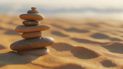Fototapeta na wymiar Harmony in Nature: Sunset Meditation Among Balanced Rocks on a Serene Beach, Embraced by Peaceful Sand Dunes and Calm Waters, Inviting Deep Connection and Renewal with the Earth