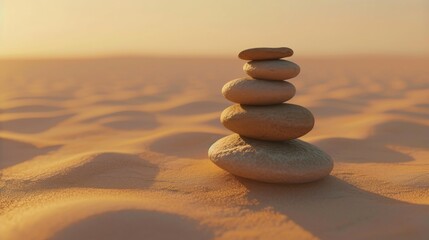Fototapeta na wymiar Serene Stone Stacks: Sunset Meditation Retreat with Balanced Rocks, Where Peaceful Sand Dunes Meet the Tranquil Ocean Waves, Creating a Serene and Tranquil Atmosphere for Inner Reflection and Renewal