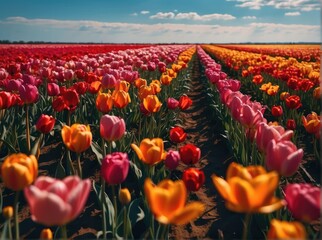 field of tulips and blue sky