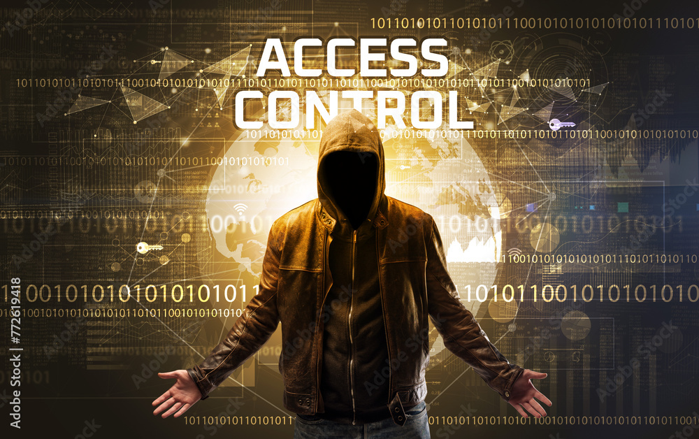 Poster faceless hacker at work, security concept