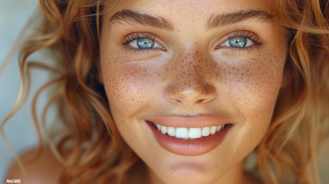 With a captivating smile, a young beauty demonstrates the beauty concept, her natural skin glowing in a close-up shot, radiating purity and elegance.
