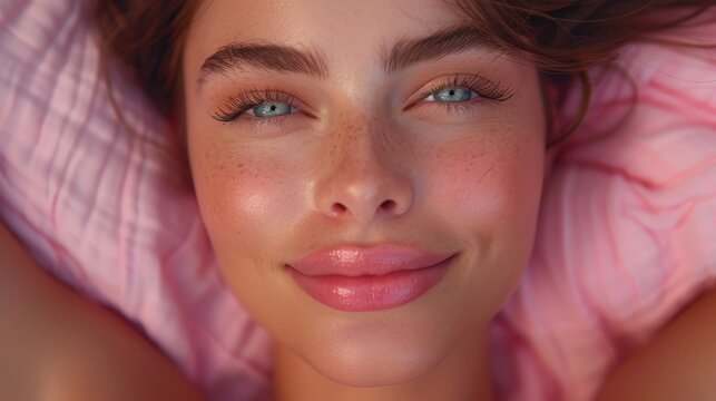 Captured in close-up, a youthful woman beams with a radiant smile, emphasizing her flawless, natural skin in the context of beauty.
