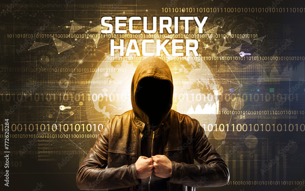 Poster faceless hacker at work, security concept