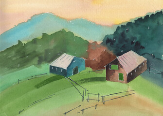 Watercolor countryside landscape with mountains and houses - hand drawn illustration