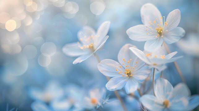Spring blooming forest flowers in soft focus on light blue background outdoor close-up macro. Spring template floral background wallpaper. Elegant gentle air delicate artistic image.