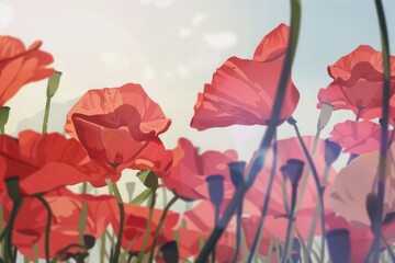 memorial day close up background, illustration, Gentle Morning among poppies, fitting for peaceful meditation and yoga studio artwork, background for memorial day 