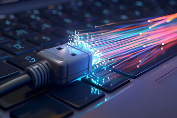 Fiber-optic cable, connection to a computer, fiber-optic technology, data transmission by light, Internet - obrazy, fototapety, plakaty