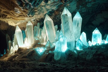 A mystical subterranean landscape with towering translucent ice-blue crystals radiating light, against a backdrop of a cave's intricate rocky textures