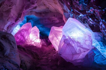 An ethereal underground cave scene, bathed in a vivid glow from massive luminescent pink and blue crystals jutting from the rocky terrain