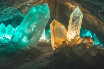 Enchanted underground cave scene with colossal glowing crystals in hues of teal and amber, casting luminous reflections on the rough cave walls