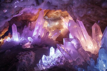 A mystical underground realm aglow with towering violet crystals, their inner light casting a magical radiance on the cavern's rugged contours