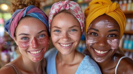Fototapeta premium In the realm of beauty and cosmetics, a youthful woman radiates joy with a bright smile as she applies skincare cream onto her face, accentuating her natural charm. 