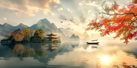 Peaceful landscape, lake, pagoda, colorful autumn, sunset.