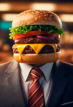 Naklejki A man in a suit stands with a hamburger in place of his head.