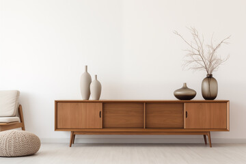 Midcentury modern retro wooden sideboard with two vases and a decorative plant in front of a white...