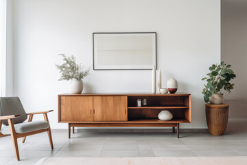 Midcentury modern living room interior with retro furniture plants and artwork