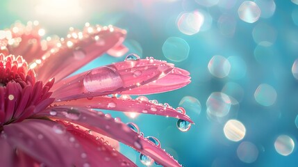 Beautiful drop of water morning dew on petal of pink chrysanthemum flower with summer spring reflection close-up macro in nature, rays of sunlight against turquoise sky, copy space, panoramic view. 