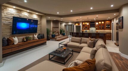 Sophisticated Home Entertainment: Elevating Modern Living Room Interiors with Elegant Spaces and Upscale Decor for Luxurious Entertainment Experiences. - obrazy, fototapety, plakaty
