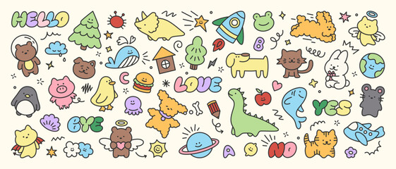 Colorful cute kid icons set. Doodle set of sun, dinosaur, frog, planet, animal, cloud, star, bear, whale, letter, tree. Vector trendy hand drawn childish elements for stickers, patterns, banners.