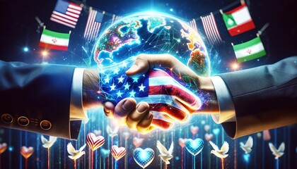 A hand is shaking a globe with flags from the United States, Iran, and Iraq