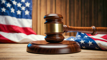 Wooden gavel and American flag on wooden table. Law and justice concept - obrazy, fototapety, plakaty