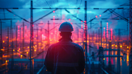 Worker in front of high voltage electricity pylons at sunset