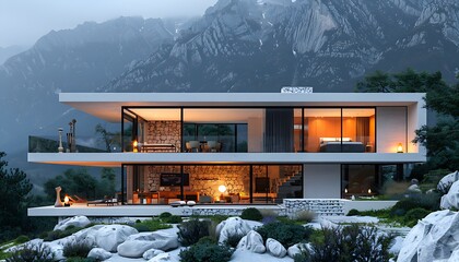 Contemporary minimalist design of a luxury villa with a glass exterior nestled in the mountains....