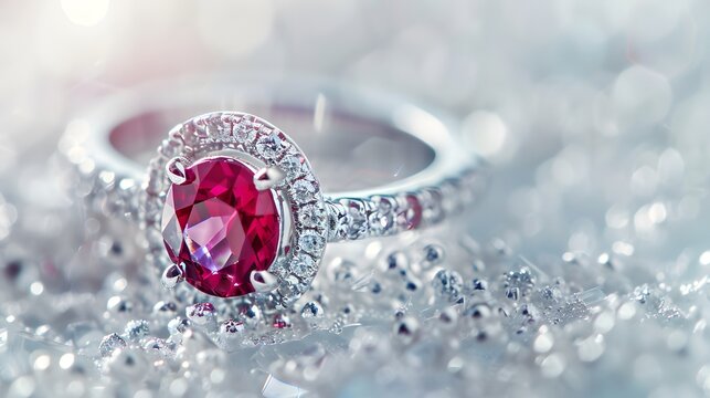 Beautiful elegant luxury composition of from silver and platinum jewelry with with rings and a big ruby gemstone and diamonds on light silvery background close-up macro. 