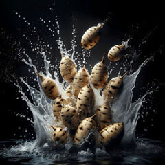 Depict a scene where several ripe yam beans, each speckled with water droplets, are captured in the act of falling into a deep, dark water tank.
