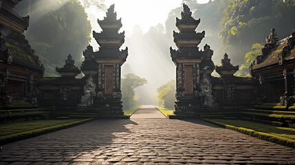Ancient temple gates in the middle of a lush green jungle with a long stone walkway leading up to...