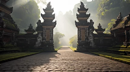 Abwaschbare Fototapete Ancient temple gates in the middle of a lush green jungle with a long stone walkway leading up to them There is a bright light coming from the center © HecoPhoto