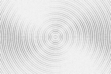 Radial halftone gradient background. Dotted concentric texture with fading effect. Black and white circle shade wallpaper. Grunge rough vector. Monochrome backdrop for various purpose.