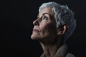 Portrait of thoughtful senior woman on dark background. Focus on face