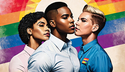 A colorful illustration with three people representing the diversity of the lgbtqia+ community in terms of gender, race, age, gender identity. - obrazy, fototapety, plakaty