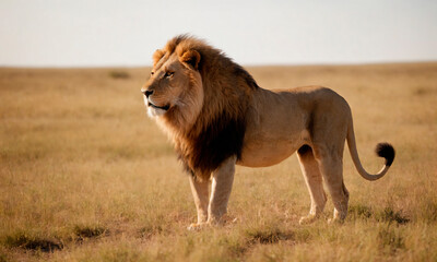 A lion stands confidently in the center of a vast field, its majestic mane blowing in the wind.