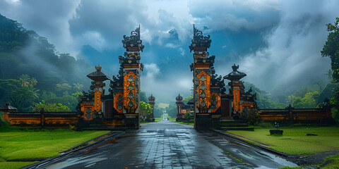 Traditional Balinese Hindu gate at rainy summer day with clouds - Candi Bentar, Bedugul in Bali, Indonesia. generative ai  - obrazy, fototapety, plakaty